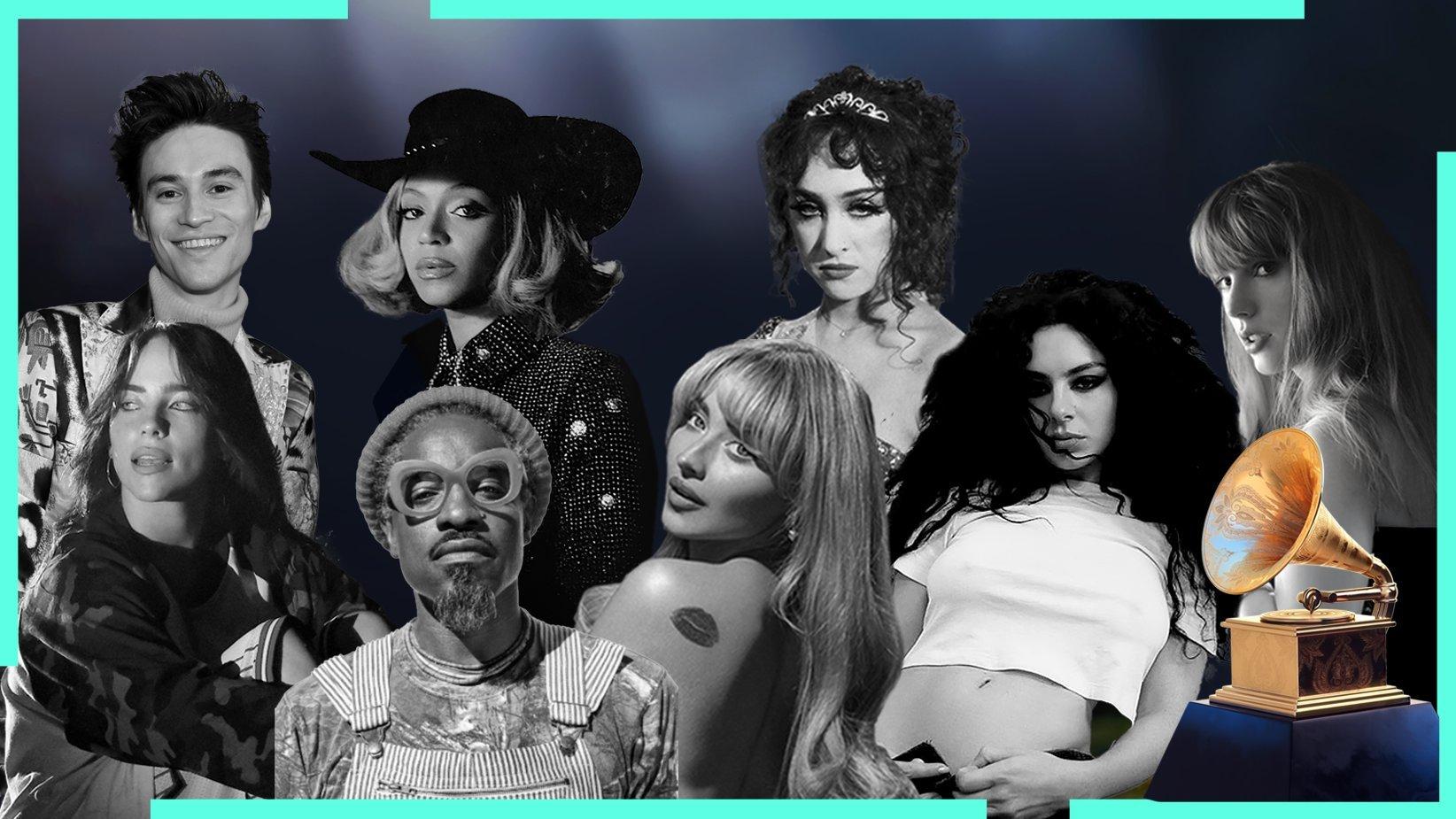 2025 GRAMMYsAlbum Of The Year nominees Jacob Collier, Billie Eilish, Beyoncé, André 3000, Sabrina Carpenter, Chappell Roan, Charli xcx, Taylor Swift in collage