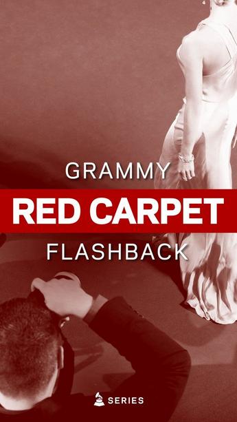 Artwork for the Recording Academy's GRAMMY Red Carpet Flashback video series. The words "GRAMMY Red Carpet Flashback" are written on a white and red background. The word "Series" is written next to the GRAMMY Awards logo.